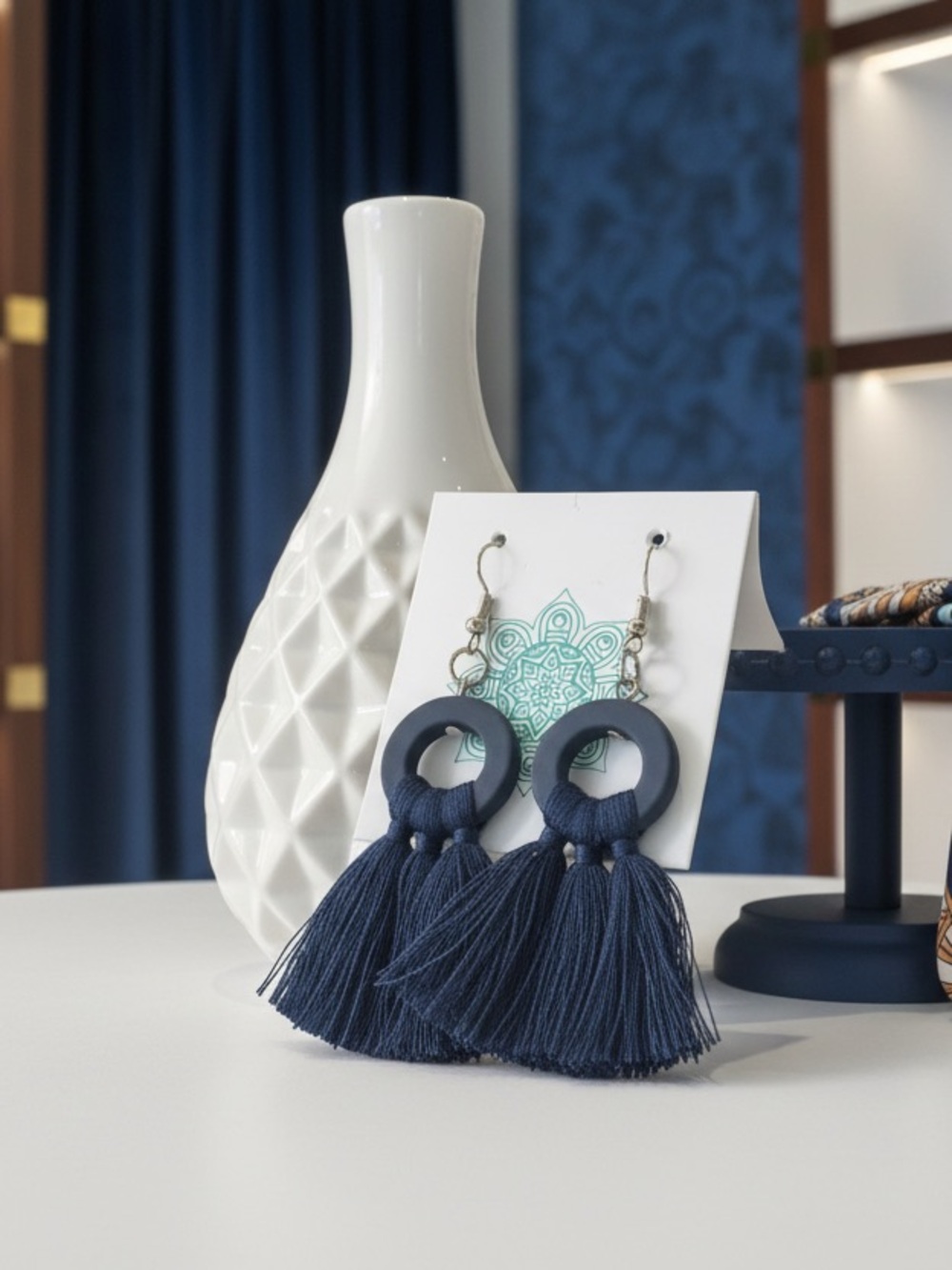 Navy Blue Thread Tassel Earrings with Round Disc Boho Chic Fashion Jewelry NEW
